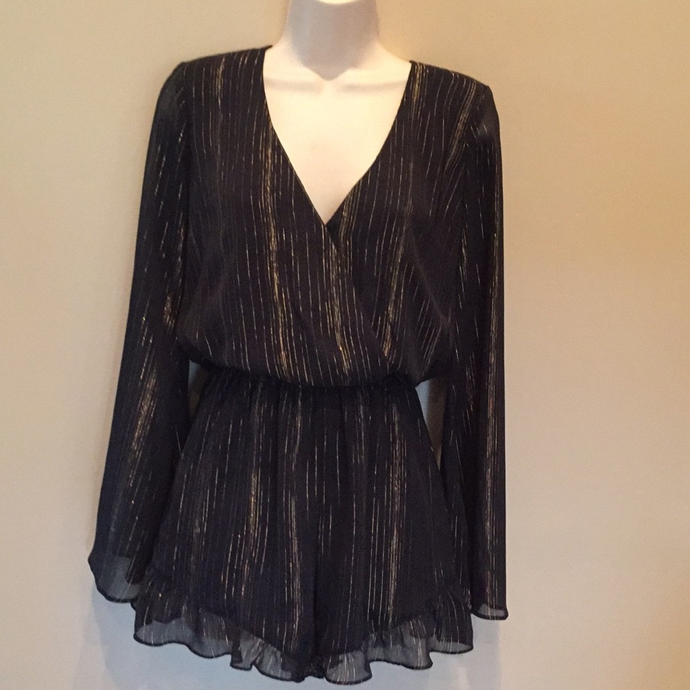 MUMU Romper Black Gold Sheer Back V-Neck - Picture 3 of 5